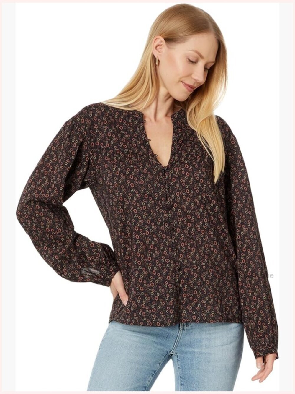 Cotton Blend Blouse - Long Sleeve Pull On Crew Neck Floral Top